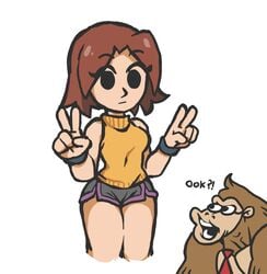 ! 1girls ? ?! black_eyes brown_hair donkey_kong donkey_kong_(series) double_peace_sign double_v emotionless empty_eyes english_text expressionless female female_focus gummuru male mii mii_gunner mii_gunner_(smash_4) mob_face monkey nintendo open_mouth peace_sign pog poggers shorts simple_background sleeveless_shirt super_smash_bros. super_smash_bros._for_nintendo_3ds_and_wii_u text v