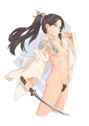 bigrbear black_hair blue_eyes bracelet breast_tattoo breasts closed_mouth dragon_tattoo female highres holding holding_sword holding_weapon jewelry long_hair medium_breasts navel nipples nude original ponytail pubic_hair pussy simple_background solo sword tattoo wakizashi weapon white_background