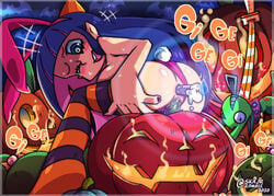 1girls 2020 anal_insertion artist_name blood blue_eyes blue_hair blush bunny_ears bunny_tail bunnysuit candle candle_insertion chuck_(psg) double_penetration halloween jack-o'-lantern panties_aside panty_&_stocking_with_garterbelt pink_hair skajrzombie stocking_anarchy stockings striped_thighhighs sweat topless two_tone_hair vaginal_insertion