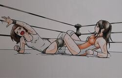 brown_hair catfight drool drooling open_mouth ryona wrestling_move