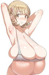 armpits blush breasts_bigger_than_head cleavage deep_skin eyebrows_visible_through_hair female hair_clip hands_behind_head kasutaso narusawa_ryouka occultic;nine sagging_breasts short_hair skindentation small_top solo tight_clothing tight_fit tight_top white_background