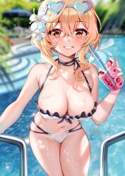 1girls 2022 belly belly_button big_breasts bikini blonde_hair breasts drink female female_only flower_in_hair genshin_impact gold_eyes golden_hair large_breasts long_hair lumine_(genshin_impact) smile squchan sunglasses sunglasses_on_head swimming_pool swimwear thick thick_thighs thighs tummy twin