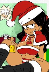 1boy 1girls aged_up big_breasts black_hair boots breasts buckteeth christmas christmas_hat christmas_lingerie christmas_outfit cleavage dark-skinned_female dark_skin eyebrows_visible_through_hat female female_focus freckles gift half-closed_eyes hat knee_boots large_breasts latina lincoln_loud lingerie older panties present ronnie_anne_santiago santa_costume santa_hat sonson-sensei straight_hair the_loud_house thick thick_thighs