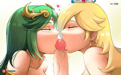 1boy 2girls 3some blonde_hair blowjob blush closed_eyes collaborative_fellatio crossover crown earrings fellatio female glans green_hair kid_icarus kissing_penis long_hair male mario_(series) multiple_girls myst nintendo oral palutena penis pit pit_(kid_icarus) princess_rosalina simple_background super_smash_bros. super_smash_bros._ultimate threesome white_background yhw