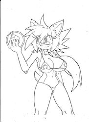 alternate_species anthro big_breasts bikini breasts bulma_briefs clothed clothing dragon_ball dragon_ball_(object) dragon_ball_z eulipotyphlan female furrification hedgehog hi_res holding_object mammal monochrome navel simple_background solo sonic_(series) sonic_the_hedgehog_(series) superbunnygt swimwear white_background