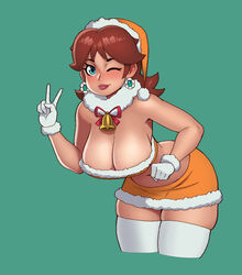 1girls alternate_breast_size bad_id bad_twitter_id bandeau big_breasts bimbo blue_eyes breasts brown_hair brown_skin christmas christmas_hat christmas_outfit cleavage clothing earrings female female_focus female_only gloves green_background hat hourglass_figure large_breasts leaning_forward long_hair looking_at_viewer mario_(series) midriff miniskirt navel nintendo one_eye_closed peace_sign plain_background princess_daisy rizdraws simple_background skindentation skirt smile solo standing thighhighs thighs tongue_out v white_gloves wink year_request zettai_ryouiki