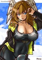 1girls angel_wings big_breasts blue_eyes brown_hair busty child_bearing_hips cleavage covered_navel eunie_(xenoblade) female female_only large_breasts legs oniisan02b short_hair solo sweat thick_thighs thighs voluptuous xenoblade_(series) xenoblade_chronicles_3