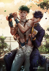 2boys baggy_pants black_hair blowing_wind cdash817 crop_top cutout_shirt diamond_is_unbreakable ear_piercing earrings gaycamera green_eyes green_hair jojo's_bizarre_adventure josuke_higashikata male_only pulling_underwear rohan_kishibe surprised suspenders thong underwear_pull wedgie yaoi