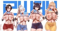 4girls aestheticc-meme animal_ears areolae big_breasts black_hair blake_belladonna blonde_hair blue_eyes braid braided_hair braided_ponytail breasts cat_ears clothed clothing faunus female female_only gym_uniform highres huge_breasts human humanoid kemonomimi long_hair measuring measuring_breasts measuring_tape multiple_girls nipples pale_skin partially_clothed phone ponytail purple_eyes ruby_rose rwby shirt shirt_lift shirt_up short_hair shorts silver_eyes smile team_rwby text weiss_schnee white_hair yang_xiao_long yellow_eyes