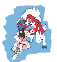 1boy 1girls 2020 anthro ass balls black_claws blue_hair claws clothing dawn_(pokemon) duo feet female fur genitals glowing glowing_eyes hair hi_res human human_to_anthro hypnosis lewdydoo lycanroc male male/female male_midnight_lycanroc male_pokemon mammal midnight_lycanroc mind_control nintendo pawpads paws penis pokémon_(species) pokemon red_body red_fur sharp_teeth smile species_transformation spikes straight teeth toe_claws toes torn_clothing torn_shoes transformation video_games white_body white_fur white_hair young