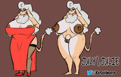 anthro big_breasts blue_eyes canine canine_humanoid canine_pussy commission_art dress gilf grandmother july looking_at_viewer naked old older_female original_character pomeranian reference_sheet tight_clothing white_hair xxfujiwaraxx