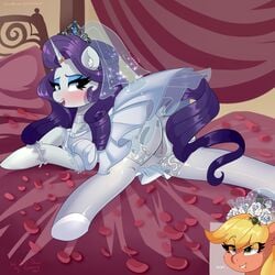 1:1 absurd_res anus applejack_(mlp) bite biting_lip biting_own_lip clothed clothing dress duo equid equine female feral friendship_is_magic genitals hasbro hi_res horn mammal my_little_pony no_underwear pussy rarity_(mlp) self_bite text unicorn url wedding_dress xjenn9