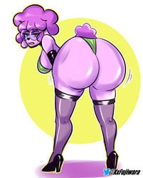 anthro bending_over big_ass big_butt big_penis cervine commission_art furry glasses high_heels huge_ass long_gloves looking_at_viewer original_character pink_fur pink_hair sheep solo_female stockings taffy xxfujiwaraxx