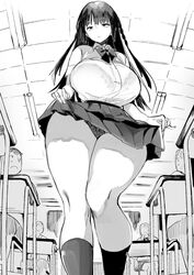 achumuchi big_breasts bra bra_visible_through_clothes braided_hair classroom dark_hair deadpan huge_breasts original panties school_uniform schoolgirl sketch thick_thighs