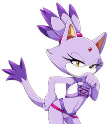 accessory anthro blaze_the_cat clothed clothing dipstick_tail domestic_cat eyelashes felid feline felis female forehead_gem fur hair hair_accessory hair_tie hi_res mammal multicolored_tail purple_body purple_fur purple_hair scittykitty solo sonic_(series) sonic_the_hedgehog_(series) swimwear yellow_eyes