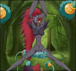 2020 anthro black_body black_fur bodily_fluids breasts canid canine fangs female flower forest fur genitals grey_body grey_fur hair inner_ear_fluff laugh long_hair mammal navel nintendo open_mouth open_smile outside plant pocketickler pokémon_(species) pokemon pokemon_(species) ponytail purp1e pussy red_hair sharp_teeth smile tears teeth tickle_torture tickling tongue tree tuft video_games zoroark