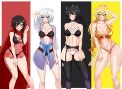 4girls babydoll black_hair blake_belladonna blonde_hair bra clothing crotchless_panties faunus female human licking_lips lingerie multiple_girls panties red_hair ruby_rose rwby tabletknight team_rwby weiss_schnee white_hair yang_xiao_long