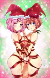 2girls ass bangs blue_eyes blush bondage bound_together breast_press breasts choker christmas christmas_hat collar curvy curvy_body curvy_female cute cute_fang doki_doki_literature_club duo eyebrows eyebrows_visible_through_hair fang female female_only femsub functionally_nude gift hair_ornament hairclip hand_on_own_thigh hand_on_thigh happy_sub hat headwear hug hugging light-skinned light-skinned_female light_skin looking_at_viewer multiple_girls multiple_subs naked naked_hat natsuki_(doki_doki_literature_club) nexus_avelon nude nude_female pink_eyes pink_hair pinup ribbon ribbon_bondage ribboned_body santa_hat sayori_(doki_doki_literature_club) shiny shiny_skin short_hair side_view sideboob small_breasts standing strawberry_blonde_hair swept_bangs tatigami thighs tied tied_up yuri