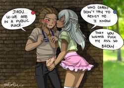 2boys ass blue_hair crossdressing dark-skinned_femboy dark-skinned_male dark_skin dirty_talk dreadlocks erection femboy gay horny inazuma_eleven inazuma_eleven_(series) kidou_yuuto long_socks park public sakuma_jirou skirt skirt_lift stimulation teasing touching_penis trap yaoi