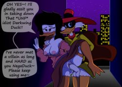 anatid anseriform anthro avian back_alley bianca_beakley bird city city_background darkwing_duck disney duck ducktales ducktales_(2017) duo english_text female hi_res male marcodile negaduck nipples penetration straight text vaginal_penetration