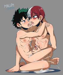 2boys blue_eyes blush cum cum_on_body cum_on_breasts cum_on_upper_body feet gay green_eyes green_hair hug izuku_midoriya male_only malumomega my_hero_academia red_hair shouto_todoroki tongue tongue_out yaoi