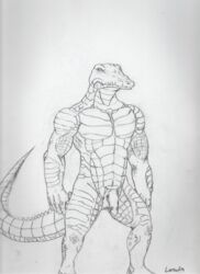 5_fingers abs anthro balls belly_scales biped crocodilian fingers flaccid genitals lanwin male male_only monochrome muscular muscular_anthro muscular_male nude penis reptile scaled_tail scales scalie signature simple_background snout solo standing teeth traditional_media_(artwork)