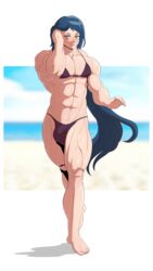 1boy abs absurdres adjusting_hair ambush_(trap) artist_request barefoot beach big_muscles bikini bishounen blue_eyes blue_hair bulge crossdressing feet femboy genderswap genderswap_(ftm) green_eyes gundam gundam_build_fighters highres iori_rinko long_hair looking_at_viewer male male_focus male_only muscle muscular_male muscular_trap navel pecs penis rule_63 smile solo swimsuit thong trap very_long_hair