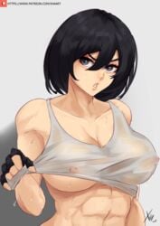 1girls attack_on_titan big_breasts black_hair female female_only gloves gray_eyes mikasa_ackerman muscles muscular_female nipples nipples_exposed nipples_visible_through_clothing shoulders solo solo_female solo_focus sportswear tagme white_skin xhaart xhan-art