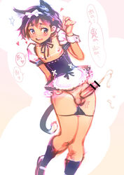 1boy 2015 balls black_hair blush bow cat_ears catboy censor_bar censored cock_ring cum cumshot femboy girly heart japanese_text knees_together_feet_apart maid_uniform male male_only master_maichin panties panties_down penis tanline testicles trap