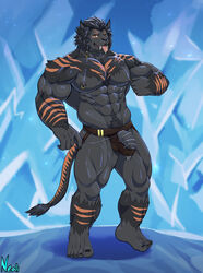 2020 5_fingers 5_toes abs absurd_res anthro balls_outline big_muscles black_body black_hair clothed clothing crotch_tuft fangs feet felid final_fantasy final_fantasy_xiv fingers genital_outline genitals hair hi_res hrothgar humanoid_feet humanoid_hands looking_at_viewer male male_only mammal markings muscular muscular_anthro neofi nipple_fetish nipple_piercing nipple_play nipple_pull nipple_ring nipple_ring_pull nipples one_eye_closed orange_markings pecs penis piercing solo square_enix standing toes tongue tongue_out tuft underwear underwear_only video_games wink winking_at_viewer