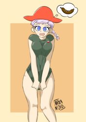 ashamed big_breasts blue_eyes bottomless braid braided_hair breasts cleavage countryballs embarrassed female green_shirt hat iron_armenian lady_baron no_panties no_pants polandball salivating sausage shirt shirt_only shirt_pull shirt_tug speech_bubble thick_thighs thighs thought_bubble white_hair