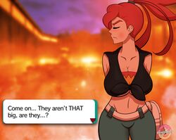 1girls arms_behind_back artist_name breasts cleavage closed_eyes clothed clothed_female donutinteract female female_only flannery_(pokemon) flannery_(pokemon_oras) front-tie_top gym_leader human human_only large_breasts looking_away midriff nintendo pants pokemon pokemon_oras pokemon_rse red_hair short_hair sleeveless sleeveless_shirt solo solo_female standing talking_to_viewer text tied_hair tied_shirt watermark