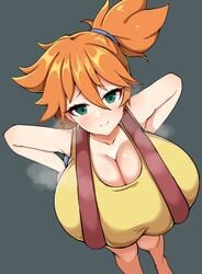 1girls alternate_breast_size big_breasts blush breasts breasts_bigger_than_head clothed detritus duvet208 female female_only gigantic_breasts green_eyes huge_breasts kasumi_(pokemon) large_breasts misty_(pokemon) nintendo orange_hair pokemon pokemon_rgby red_hair smile solo solo_female steam suspenders top_heavy upper_body