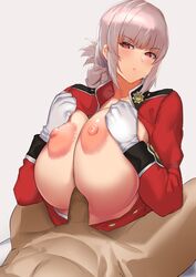 1boy bangs blush braid braided_ponytail breast_squeeze breasts breasts_out fate/grand_order fate_(series) female florence_nightingale_(fate) folded_ponytail gloves huge_breasts jacket long_hair long_sleeves looking_at_viewer military_uniform nipples paizuri penis pink_hair red_eyes red_jacket sakanaaj1 simple_background straight white_gloves