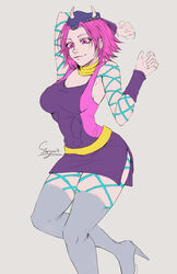 1girls big_breasts breasts canon_genderswap clothing female female_anasui female_only fishnets genderswap_(mtf) horns human jojo's_bizarre_adventure light-skinned_female light_skin long_hair narciso_anasui pink_eyes pink_hair rule_63 shounen_jump staryoru stone_ocean thighhighs