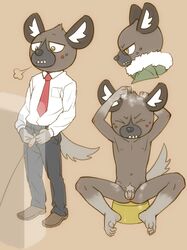 1boy absurd_res aggressive_retsuko anthro balls blush bottomless cellphone clothed clothing collared_shirt flaccid foreskin genitals glans haida hi_res hyaenid male male_only mammal multiple_angles necktie partially_retracted_foreskin peeing penis phone pubic_hair sanrio shirt smooth_fur solo spotted_hyena topwear torte uncut urinal white_clothing white_shirt white_topwear