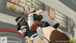 1boy 1girls 3d animated black_hair blender blonde_hair bottomless breasts dark-skinned_male dark_skin glasses hat indoors interracial lúcio large_penis looking_at_partner looking_back mercy no_panties overwatch penis shamelessdeeg sound tagme tempty thighhighs thighjob topless video