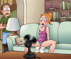 1boy 1girls accidental_circumstance adult_swim ahe_gao couch daughter electric_fan enf-lover fan father father_and_daughter indoors jerry_smith legs_apart light-skinned_female living_room nipples_visible_through_clothing panties ponytail pussy pussy_visible_through_clothes red_hair rick_and_morty rolling_eyes see-through_clothing spread_legs summer_smith sweat sweatdrop sweating sweaty tank_top tongue tongue_out