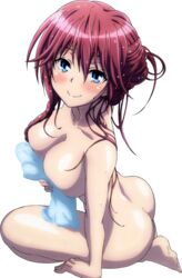 asami_lilith ass bathing blue_eyes blue_towel blush breasts hair_up large_breasts looking_at_viewer nude nyantype photoshop_(medium) red_hair smile towel trinity_seven