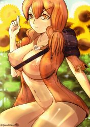 1girls animated breasts breathing female female_only fire_emblem fire_emblem:_three_houses flower gif grin hair_over_shoulder large_breasts leonie_pinelli looking_at_viewer medium_hair nintendo nipples nude nude_female orange_eyes orange_hair outdoor_nudity outdoors side_ponytail smile solo sparkcarrot sunflower v