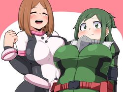 2girls big_breasts blush blush_lines blush_stickers boku_no_hero_academia breasts brown_hair closed_eyes duo fat fat_belly fat_female fat_woman female female_focus female_only fire_breath01 green_eyes green_hair happy hero_outfit_(mha) huge_breasts inko_midoriya izuku_midoriya_(cosplay) large_breasts looking_at_viewer mature_female mature_woman milf mother my_hero_academia ochako's_mother ochako_uraraka_(cosplay) older_female open_mouth rosy_cheeks short_hair tied_hair tight_clothing wearing_daughter’s_clothes wearing_others_clothes wearing_son’s_clothes