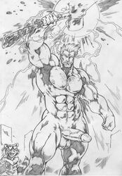 2boys abs anthro armpits axe beard biceps crossover electricity erect_nipples erection feet_out_of_frame guardians_of_the_galaxy heart_eyes huge_cock human lightning lorkalt male_only marvel muscular nude pecs penis procyonid rocket_raccoon stormbreaker thick_thighs thor_(marvel) thor_(series) veiny_muscles veiny_penis weapon