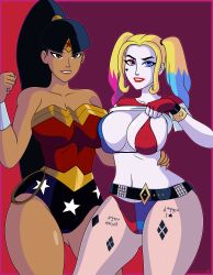 2girls breasts dc dc_comics female female_only harley_quinn lipstick pills-in-a-little-cup suicide_squad superwoman superwoman_(mary_batson) tagme wonder_woman wonder_woman_(series)