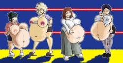 4girls :t ^_^ arm_behind_head bare_arms bare_shoulders big_belly big_breasts blonde_hair blush blush_stickers breasts_out brown_hair bursting_breasts cloud exposed_belly facing_viewer female female_only full_body glasses green_hair grin hyper_pregnancy inko_midoriya lactation lactation_through_clothes lactation_without_expressing lactation_without_stimulation legs_together linea_nigra lineup long_skirt mature_female mika_jiro milf milfs miniskirt mitsuki_bakugou mother multiple_females multiple_pregnancies my_hero_academia no_socks ochako's_mother opaque_glasses outie_navel pencil_skirt pregnant purple_hair rosy_cheeks slippers standing straining_buttons stretch_marks white_outline