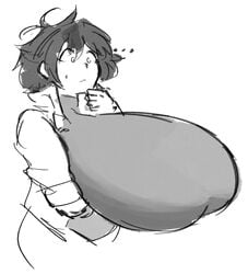 10t 1girls female greyscale huge_breasts monochrome my_hero_academia short_hair simple_background solo takamoom white_background