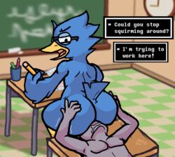 2020 anthro ass avian beak berdly big_butt blue_body blue_feathers chalkboard classroom deltarune desk dialogue duo eyewear faceless_male facesitting feathers femboy furniture glasses human human_on_anthro interspecies male male/male mammal metrictonof_(artist) pencil_(object) school sitting video_games