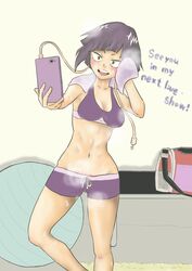 belly_button female female_focus female_only holding_phone kyoka_jiro my_hero_academia navel sports_bra sports_shorts tagme tobira