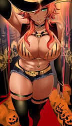 agetama breasts female green_eyes large_breasts orange_hair original original_character solo source_request tagme tan_skin thick_thighs witch witch_hat