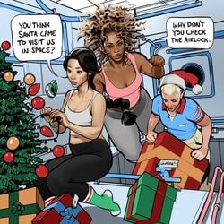 2020 3girls asstronaut astronauts athena1 blonde blonde_hair breasts brown_hair christmas christmas_tree cleavage comic dark-skinned_female dark_skin english english_text female female_only floating floating_hair highlights holidays midriff midriff_baring_shirt ponytail presents space tank_top tight_clothing tights xmas xmas_hat