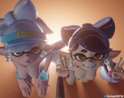 2girls 2girls1boy 3d 3d_(artwork) black_hair blender blender_(software) callie_(splatoon) dark-skinned_male dark_skin earrings inkling inkling_girl light-skinned_female light_hair light_skin long_hair looking_at_viewer looking_up marie_(splatoon) mole mole_under_eye multicolored_hair on_knees penis pink_hair pointed_ears pointy_ears short_hair silver_hair splatoon symbol-shaped_pupils twintails watermark white_hair yellow_eyes zentexnsfw